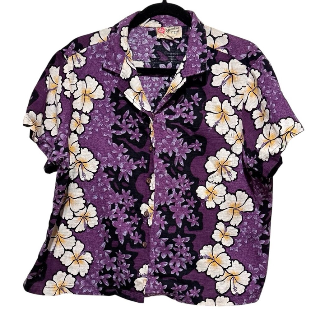 Vintage Hilo Hattie Hawaiian Purple Cropped Hibiscus Aloha Shirt Womens XL - Picture 2 of 8